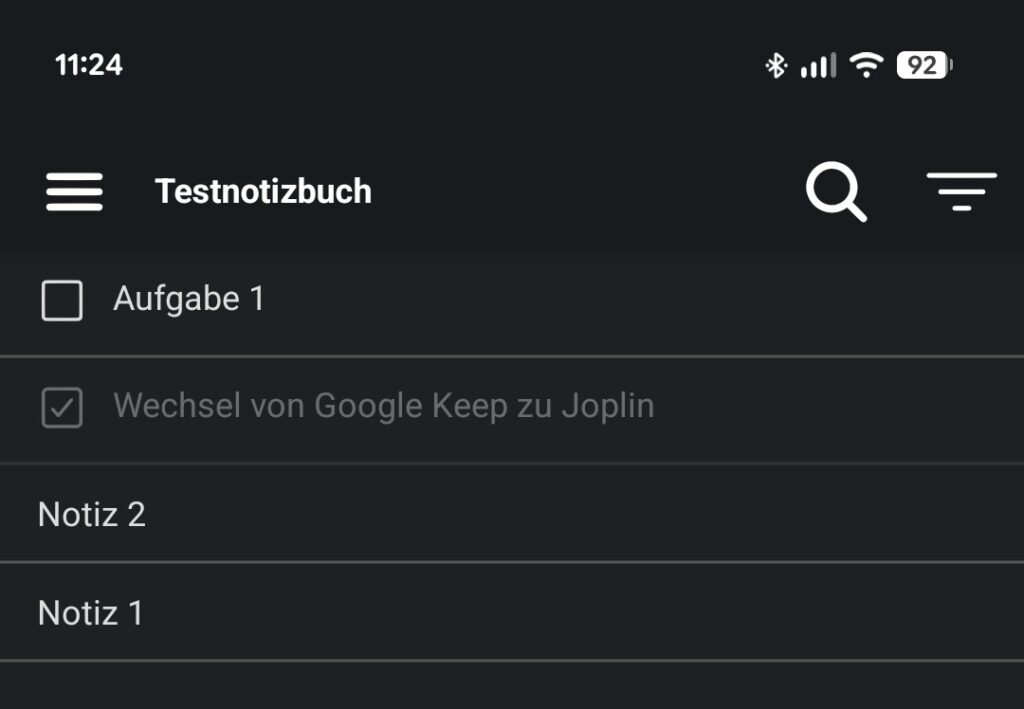 Darstellung der Notizbuchansicht von Joplin von Notizen und Aufgaben